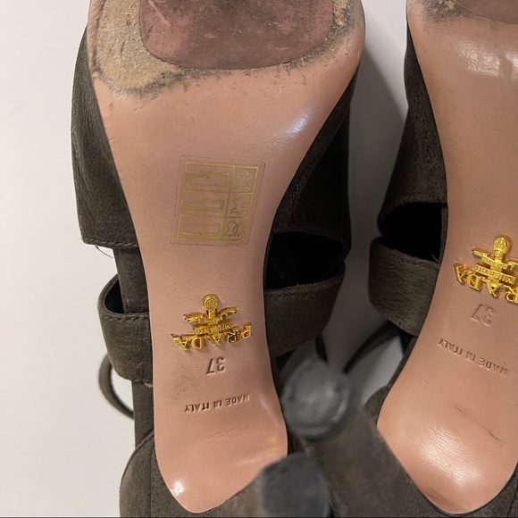 Prada Brown Suede Leather Cutout Peep-toe Stiletto Heels Platform Sz 37 Italy - Picture 11 of 14